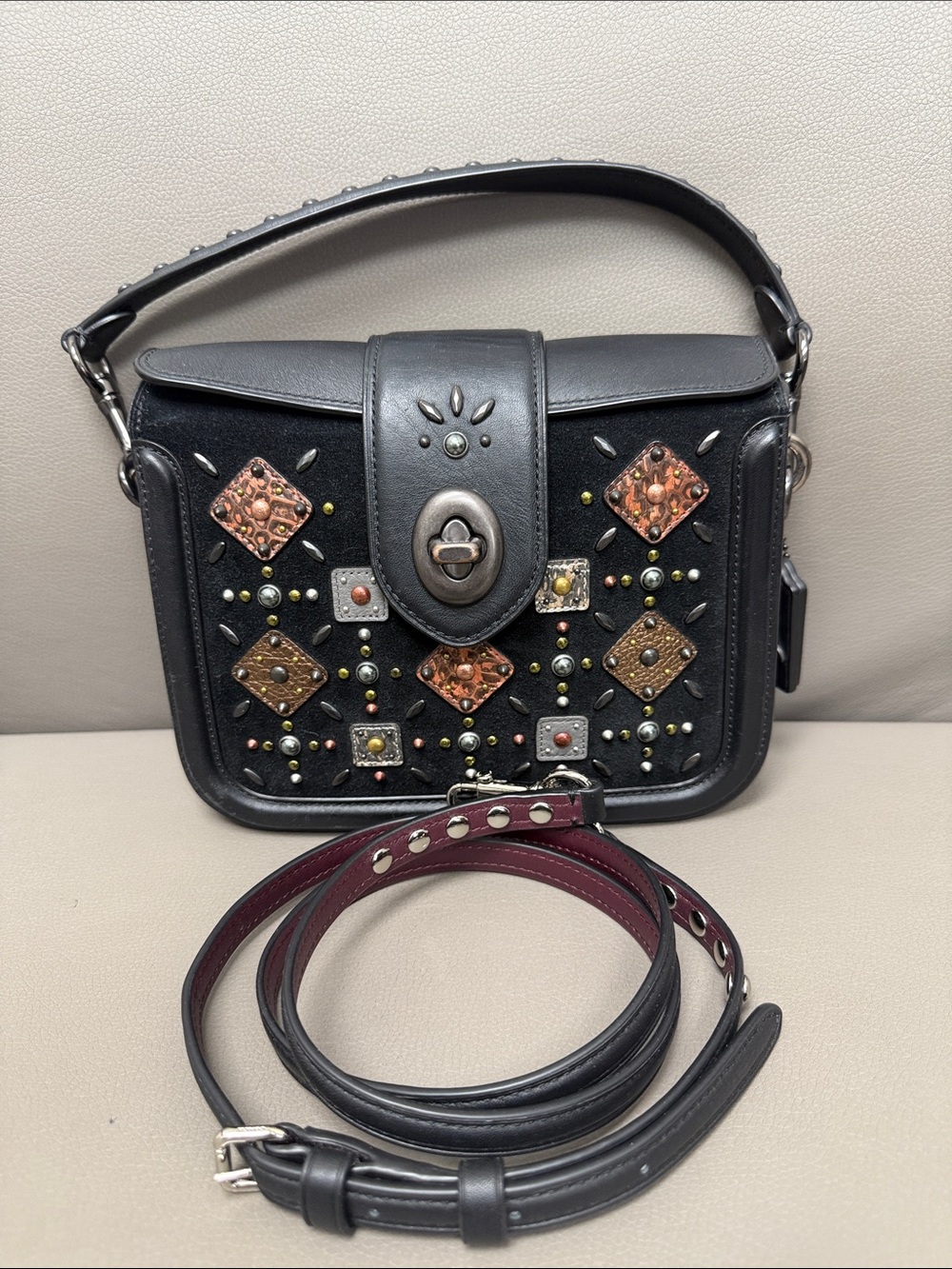 Coach Page Black Leather/Suede Studded Crossbody with Copper and Gold Accents